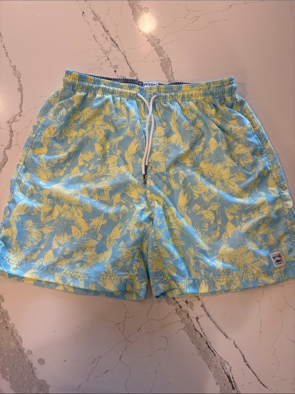 Men's Light Blue & Yellow Floral Swim Trunks